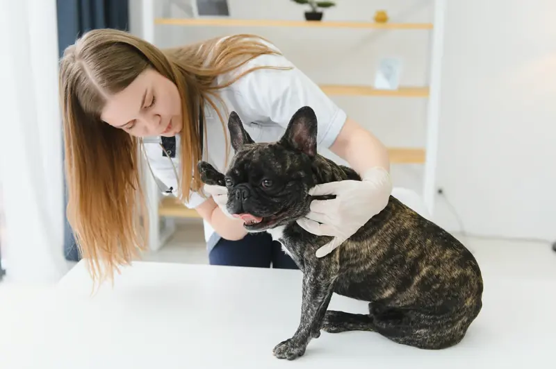 Veterinarian checking the skin and coat of a brindle French bulldog