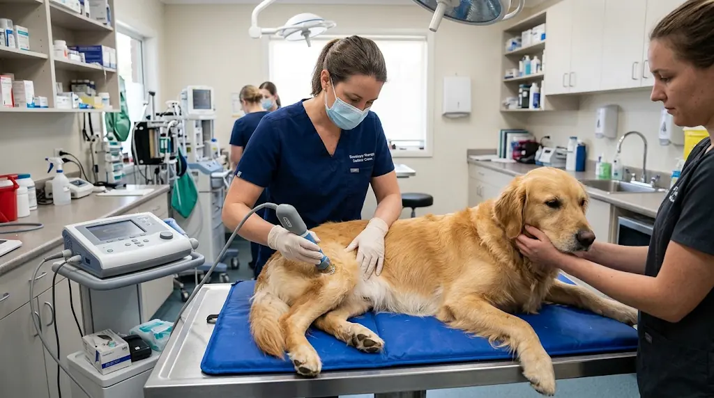 Veterinary team treating a golden retriever on a treatment table